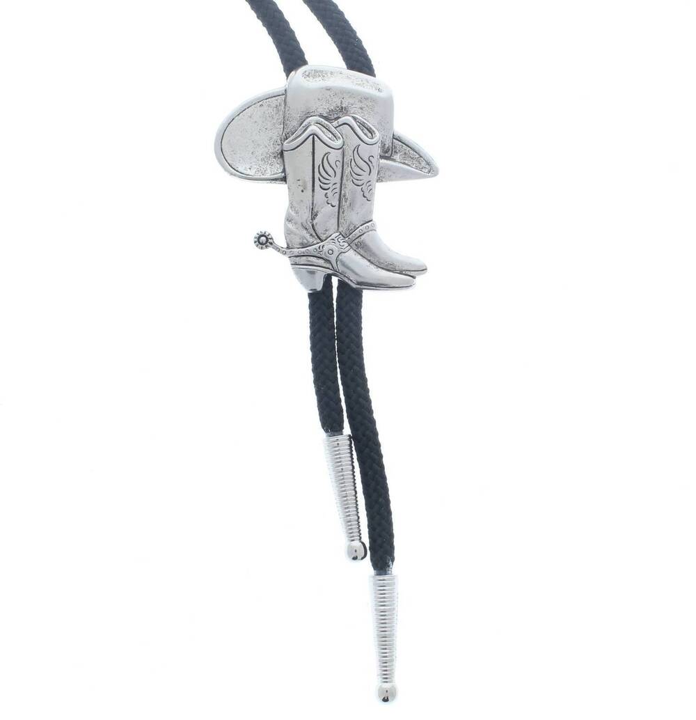 NEW HHH DESIGNS unisec cowboy hat & boot silver bolo tie in silver